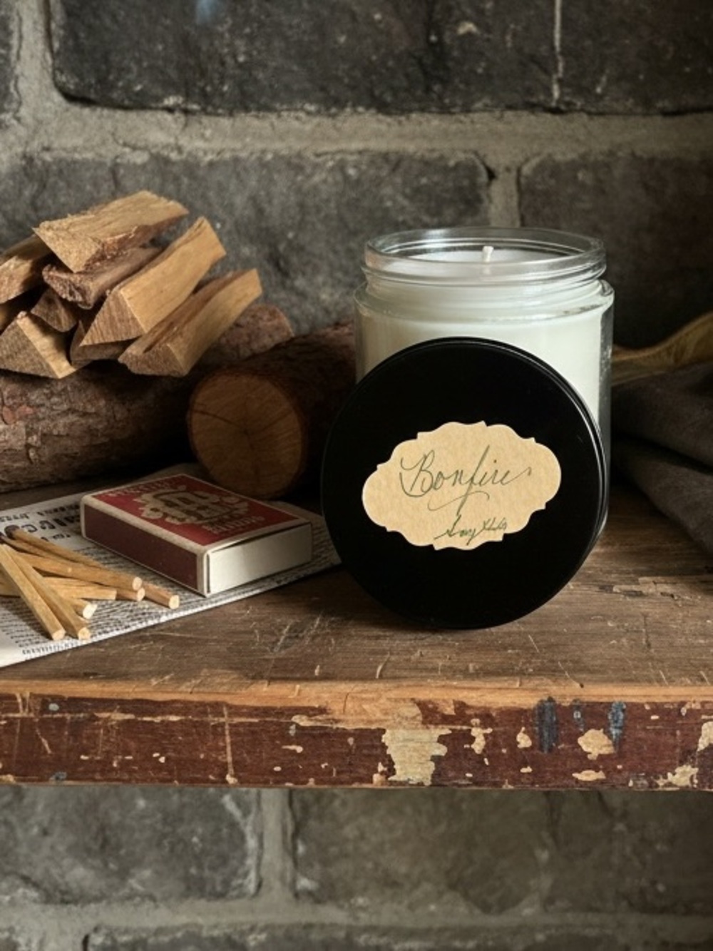 Handcrafted Bonfire Scented Soy Candle - Cream Glass Jar with Black Lid